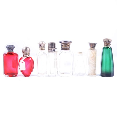 Lot 374 - Cranberry glass and silver heart shaped scent bottle, and others