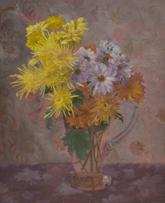 Lot 487 - Gillian Whaite, Yellow, gold and white chrysanthemums in a glass jug, and the jug.