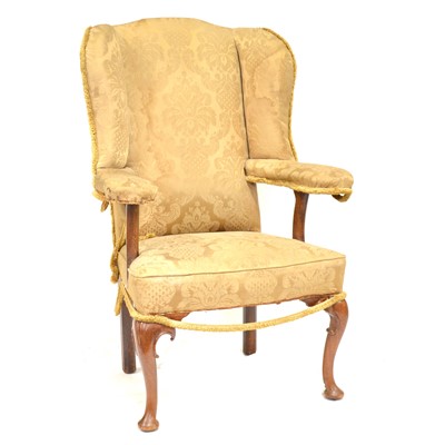 Lot 445 - George III mahogany and oak framed wing-back chair.