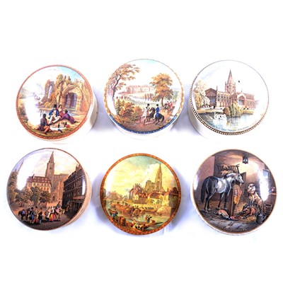 Lot 41 - Six Prattware pot lids, five with bases
