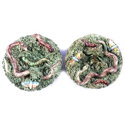 Lot 15 - Pair of Palissy ware majolica plates by Jose a Cunha, Portugal