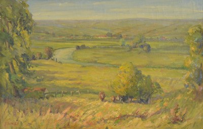 Lot 299 - John Gilbert Donley, View from Grafton Regis - Landscape with cows