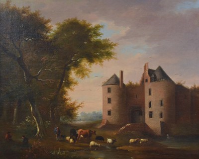 Lot 277 - Attributed Petrus Jonannes van Regemorter, Farm animals by a chateau