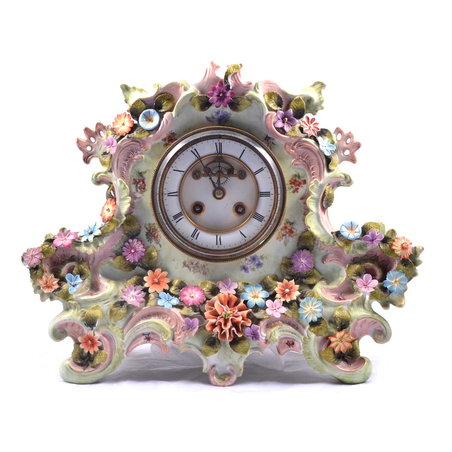 Lot 141 - Continental porcelain cased ornamental mantel clock.