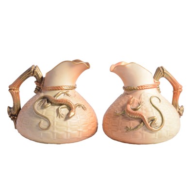 Lot 77 - Pair of Royal Worcester blush ground lizard jugs