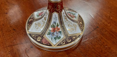 Lot 136 - Bohemian overlaid ruby glass flute and enamelled amber glass flask.