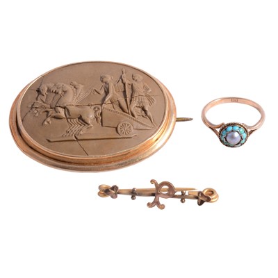Lot 186 - A lava cameo brooch (damaged), turquoise ring and bar brooch.